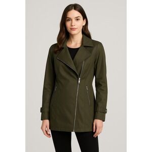 MICHAEL KORS Size M Olive Green‎ Asymmetrical Zip Trench Coat (F-214)
